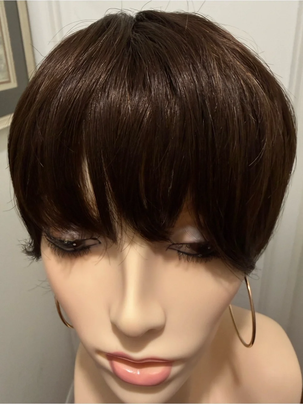 💯% HUMAN Hair Straight Pixie Cut with Bangs Brown